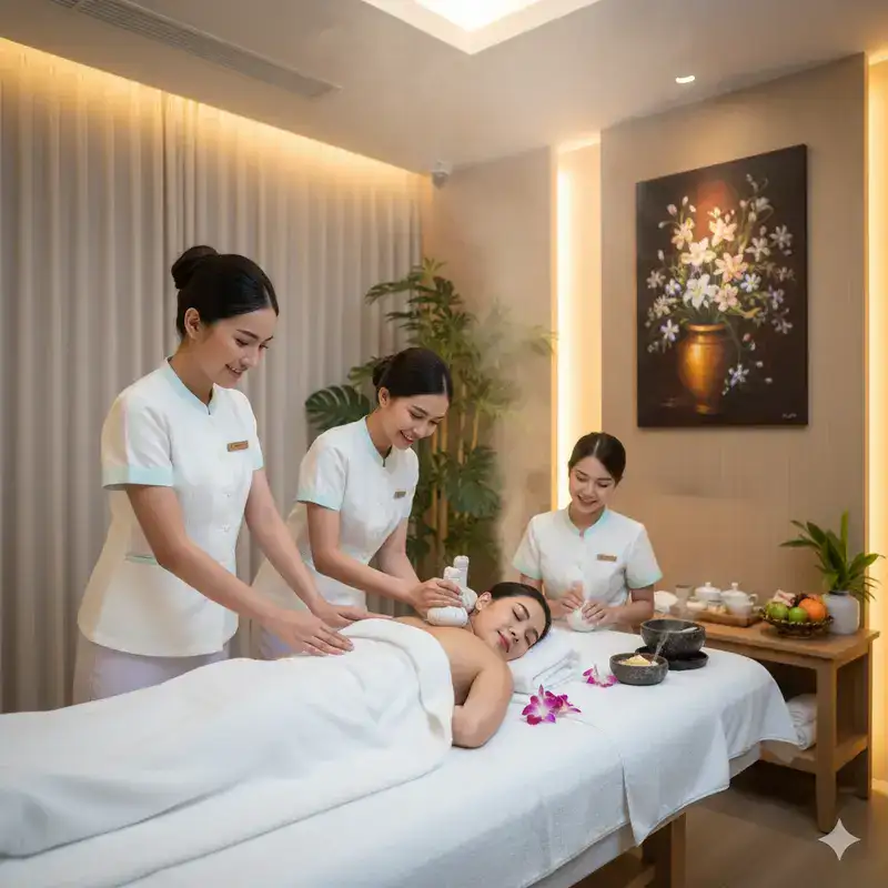 พนักงานพริตตี้สปาไทยในชุดยูนิฟอร์มกำลังให้บริการนวดอย่างมืออาชีพในห้องสปาที่สะอาด